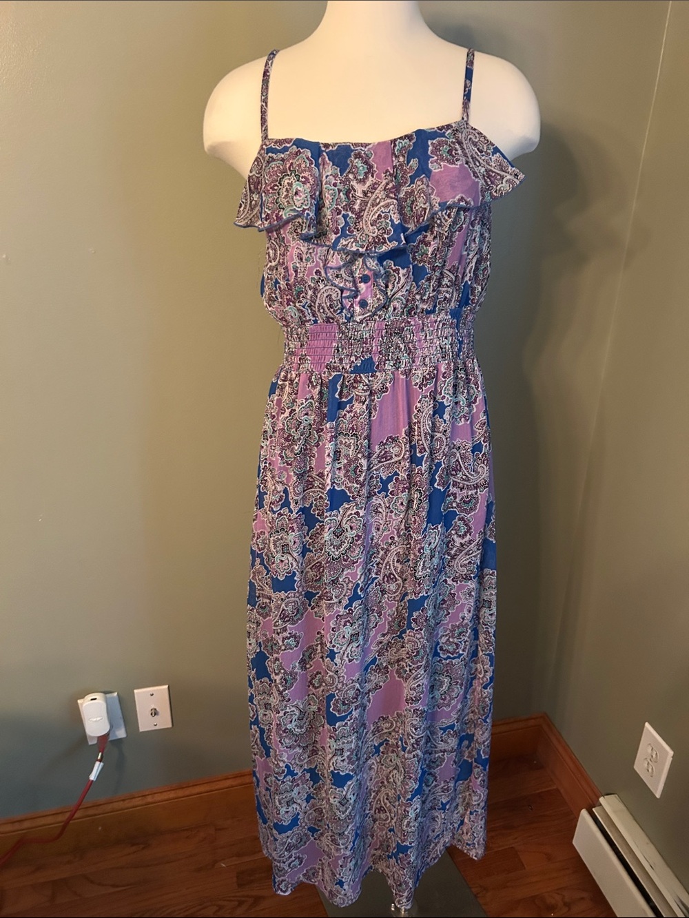 Faded Glory Purple & Blue Paisley Ruffle Maxi Dress